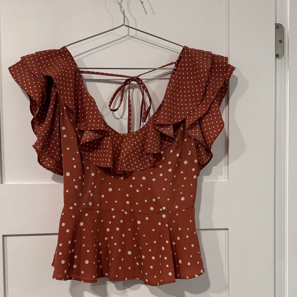 Polka Dot Ruffle Blouse - Brown